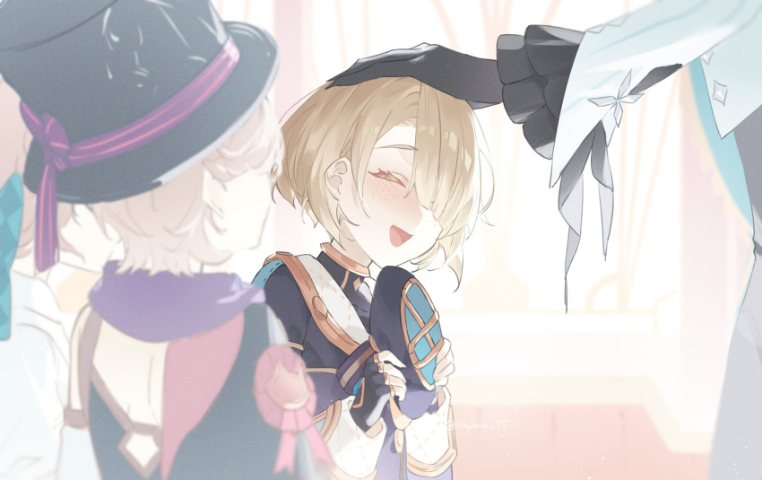 2boys, 2girls, :d, ^_^, aqua_bow, arlecchino_(genshin_impact), artist_name, award_ribbon