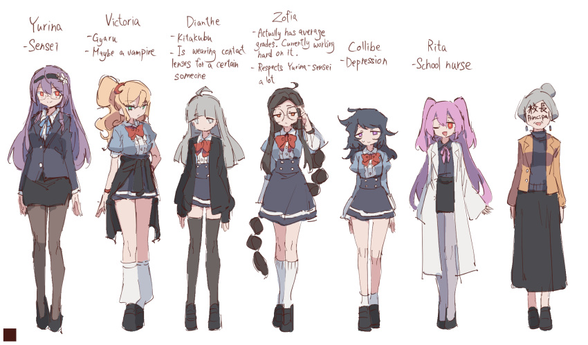 6+girls, adjusting_eyewear, ahoge, arms_at_sides, bilingual, black_footwear, black_hair, black_hairband, black_jacket, black_pantyhose, black_shirt, black_skirt, black_sweater, black_thighhighs, blonde_hair, blue_ribbon, blue_shirt, blue_skirt, blunt_bangs, bow, bowtie, bracelet, breasts, bright_pupils, brown_eyes, brown_hair, buttons, center_frills, character_name, closed_mouth, clothes_around_waist, coat, collared_shirt, collibe_(rune_(dualhart)), commentary_request, crescent, crescent_hair_ornament, dianthe_(rune_(dualhart)), earrings, english_commentary, english_text, expressionless, faceless, faceless_female, flat_chest, frills, full_body, glasses, green_eyes, grey_eyes, grey_hair, grey_pantyhose, hair_between_eyes, hair_bun, hair_ornament, hairband, half-closed_eyes, hand_on_own_hip, hand_up, happy, high-waist_skirt, highres, hime_cut, jacket, jacket_around_waist, jewelry, jitome, juliet_sleeves, kneehighs, lab_coat, legs, legs_together, lineup, long_hair, long_skirt, long_sleeves, looking_at_viewer, loose_socks, messy_hair, miniskirt, mixed-language_commentary, mixed-language_text, multi-tied_hair, multiple_girls, neck_ribbon, nervous, old, old_woman, one_eye_closed, open_clothes, open_coat, open_mouth, orange_jacket, orange_pupils, original, pantyhose, partial_commentary, pencil_skirt, pink_hair, pink_pupils, pink_ribbon, puffy_short_sleeves, puffy_sleeves, purple_hair, raised_eyebrows, red_bow, red_bowtie, red_eyes, ribbon, rita_(rune_(dualhart)), round_eyewear, rune_(dualhart), school_uniform, semi-rimless_eyewear, shirt, shoes, short_hair, short_sleeves, side_ponytail, side_slit, sidelocks, simple_background, single_hair_bun, sketch, skirt, small_breasts, smile, socks, split_mouth, standing, straight-on, sweat, sweater, teacher, thigh-highs, thighs, two_side_up, very_long_hair, victoria_(rune_(dualhart)), violet_eyes, white_background, white_coat, white_pupils, white_socks, wide_sleeves, yellow_pupils, yurina_(rune_(dualhart)), zettai_ryouiki, zofia_(rune_(dualhart))
