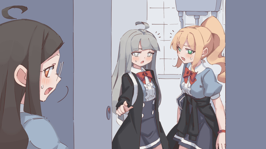 3girls, ahoge, arms_at_sides, backpack, bag, bathroom, black_jacket, blonde_hair