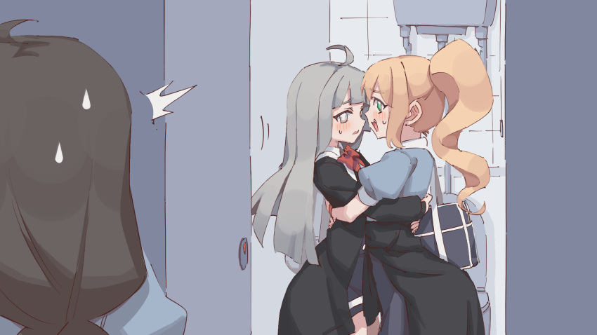 3girls, ^^^, ahoge, backpack, bag, bathroom, black_jacket, blonde_hair