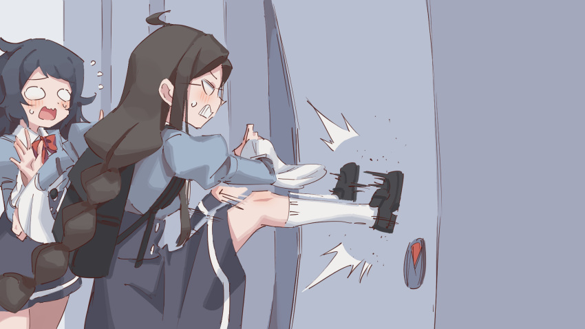 2girls, afterimage, ahoge, angry, arm_up, backpack, bag, bathroom, black_footwear, black_hair, blank_eyes, blue_shirt, blue_skirt, blush, bow, bowtie, breasts, brown_hair, buttons, clenched_hands, clenched_teeth, collared_shirt, collibe_(rune_(dualhart)), commentary_request, cowboy_shot, door, english_commentary, flying_sweatdrops, from_side, glasses, hands_up, high-waist_skirt, highres, indoors, juliet_sleeves, kicking, kneehighs, leg_up, locked, long_hair, long_sleeves, looking_at_another, low-tied_long_hair, messy_hair, miniskirt, mixed-language_commentary, motion_lines, multi-tied_hair, multiple_girls, nervous, o_o, open_mouth, original, partial_commentary, profile, puffy_sleeves, raised_eyebrows, red_bow, red_bowtie, rune_(dualhart), shirt, shirt_tucked_in, shoes, sidelocks, sideways_mouth, skirt, small_breasts, socks, standing, standing_on_one_leg, sweat, teeth, toilet_stall, v-shaped_eyebrows, very_long_hair, wavy_mouth, white_eyes, white_socks, wide_sleeves, zofia_(rune_(dualhart))