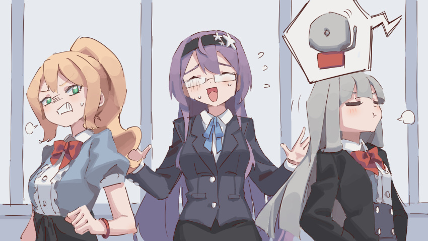 3girls, :t, ^_^, angry, annoyed, arm_at_side, black_hairband, black_jacket, black_skirt, blonde_hair, blue_ribbon, blue_shirt, blue_skirt, blunt_bangs, blush, bow, bowtie, bracelet, breasts, breath, buttons, center_frills, clenched_hand, clenched_teeth, closed_eyes, closed_mouth, collared_shirt, commentary_request, dianthe_(rune_(dualhart)), english_commentary, flat_chest, flying_sweatdrops, frills, glasses, green_eyes, grey_hair, hairband, hand_up, hands_on_own_hips, hands_up, high-waist_skirt, highres, hime_cut, indoors, jacket, jewelry, long_hair, long_sleeves, looking_back, mixed-language_commentary, motion_lines, multiple_girls, neck_ribbon, nervous, nervous_smile, open_mouth, original, partial_commentary, pencil_skirt, pocket, ponytail, pout, puff_of_air, puffy_short_sleeves, puffy_sleeves, purple_hair, raised_eyebrows, red_bow, red_bowtie, red_eyes, ribbon, rune_(dualhart), school_bell, semi-rimless_eyewear, shirt, shirt_tucked_in, short_sleeves, sidelocks, skirt, small_breasts, smile, speech_bubble, standing, straight-on, sweat, teacher, teeth, u_u, upper_body, v-shaped_eyebrows, victoria_(rune_(dualhart)), white_shirt, window, yellow_pupils, yurina_(rune_(dualhart))