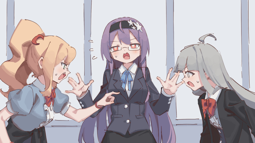 3girls, ahoge, angry, arguing, arm_at_side, arm_up, black_hairband, black_jacket, black_skirt, blonde_hair, blue_ribbon, blue_shirt, blue_skirt, blunt_bangs, blush, bow, bowtie, bracelet, breasts, buttons, center_frills, collared_shirt, commentary_request, crescent, crescent_hair_ornament, dianthe_(rune_(dualhart)), english_commentary, eye_contact, fang, flat_chest, flying_sweatdrops, frills, from_side, glasses, green_eyes, grey_eyes, grey_hair, hair_ornament, hairband, hands_up, high-waist_skirt, highres, hime_cut, indoors, jacket, jewelry, long_hair, long_sleeves, looking_at_another, looking_to_the_side, mixed-language_commentary, multiple_girls, neck_ribbon, open_mouth, original, partial_commentary, pencil_skirt, pocket, pointing, ponytail, profile, puffy_short_sleeves, puffy_sleeves, purple_hair, red_bow, red_bowtie, red_eyes, ribbon, rune_(dualhart), semi-rimless_eyewear, shirt, shirt_tucked_in, short_sleeves, sidelocks, sideways_mouth, skirt, small_breasts, standing, straight-on, sweat, teacher, upper_body, v-shaped_eyebrows, victoria_(rune_(dualhart)), white_shirt, window, yellow_pupils, yurina_(rune_(dualhart))