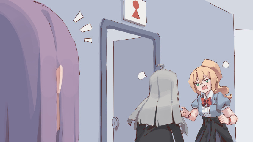 3girls, ahoge, angry, arguing, arms_at_sides, bathroom_sign, blonde_hair, blue_shirt