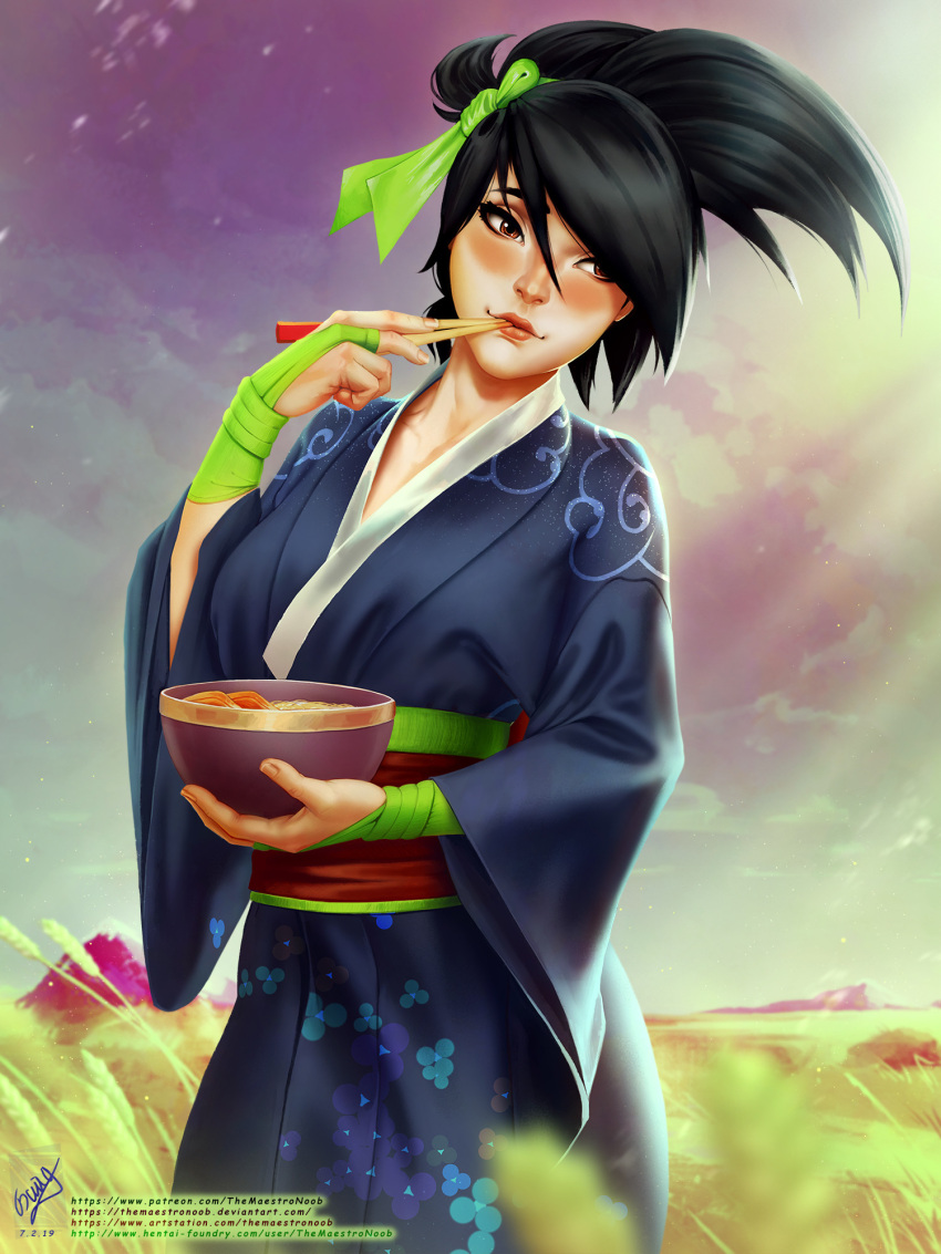 1girl, akali, artist_name, artstation_username, black_hair, blush, bowl, brown_eyes