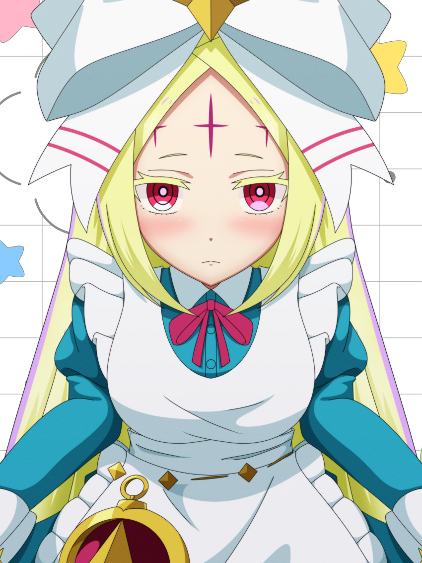1girl, absurdres, apron, blonde_hair, blue_dress, bow, closed_mouth, dress, facial_mark, forehead_mark, highres, large_bow, light_frown, long_hair, looking_at_viewer, mahou_shoujo_ni_akogarete, morino_korisu, nero_alice, otozato_yomi, pink_eyes, pink_ribbon, ribbon, ringed_eyes, solo, thick_eyelashes, white_apron, white_bow