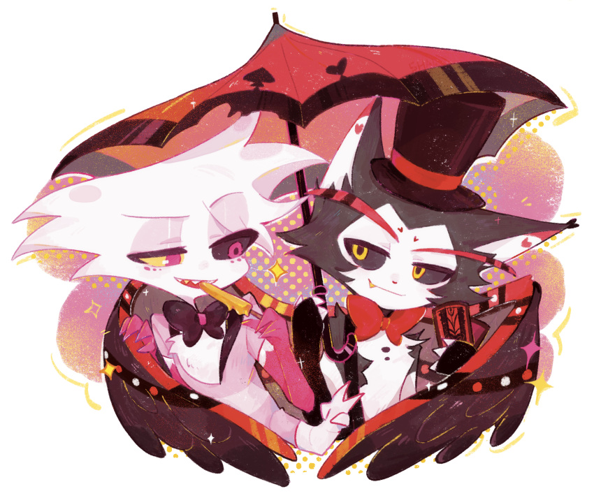 2boys, angel_dust, animal_ears, animal_nose, black_bow, black_bowtie, black_fur, black_headwear