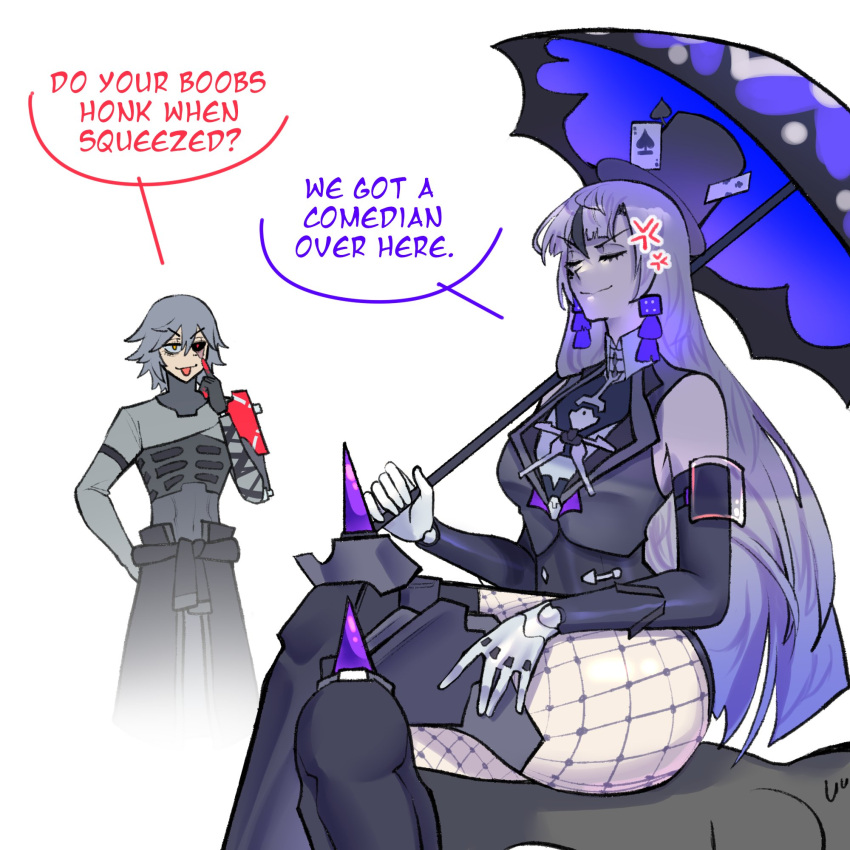 1boy, 1girl, ace_(playing_card), ace_of_spades, anger_vein, black_headwear, black_jacket, black_sclera