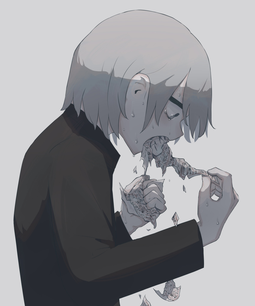 1boy, absurdres, avogado6, commentary_request, from_side, genkou_youshi, greyscale, highres