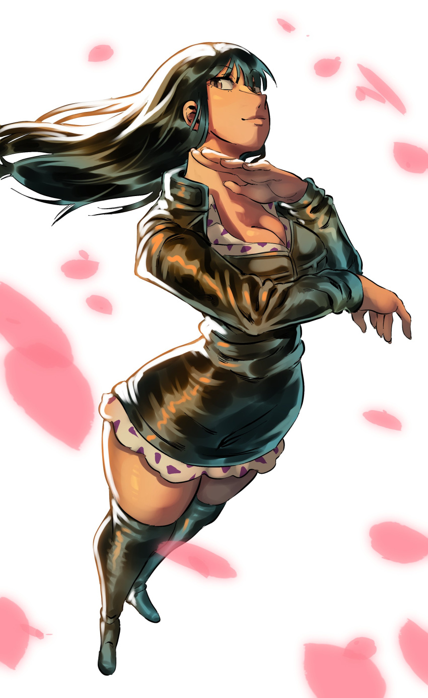 1girl, absurdres, black_dress, black_footwear, black_hair, blunt_bangs, boots, brown_eyes