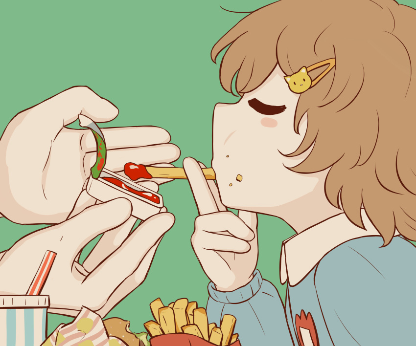 1girl, 1other, absurdres, ambiguous_gender, avogado6, blue_shirt, blush_stickers, brown_hair