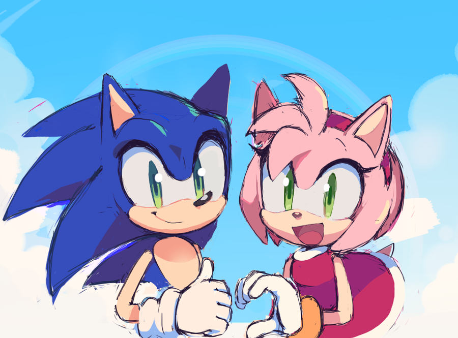 1boy, 1girl, amy_rose, animal_ears, animal_nose, bare_shoulders, blue_fur, blue_sky, bracelet, closed_mouth, clouds, cloudy_sky, day, dress, english_commentary, eyelashes, furry, furry_female, furry_male, gloves, gold_bracelet, green_eyes, hairband, hand_up, heart_hands_failure, hedgehog, hedgehog_ears, hedgehog_girl, hedgehog_tail, jewelry, looking_at_viewer, motobug, open_mouth, outdoors, pink_fur, red_dress, red_hairband, sky, sleeveless, sleeveless_dress, smile, sonic_(series), sonic_the_hedgehog, standing, tail, thumbs_up, tongue, white_gloves