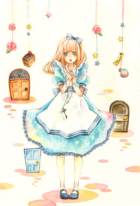 alice_(wonderland), bow, cake, door, flower, food, hair_bow, iinuma_chika