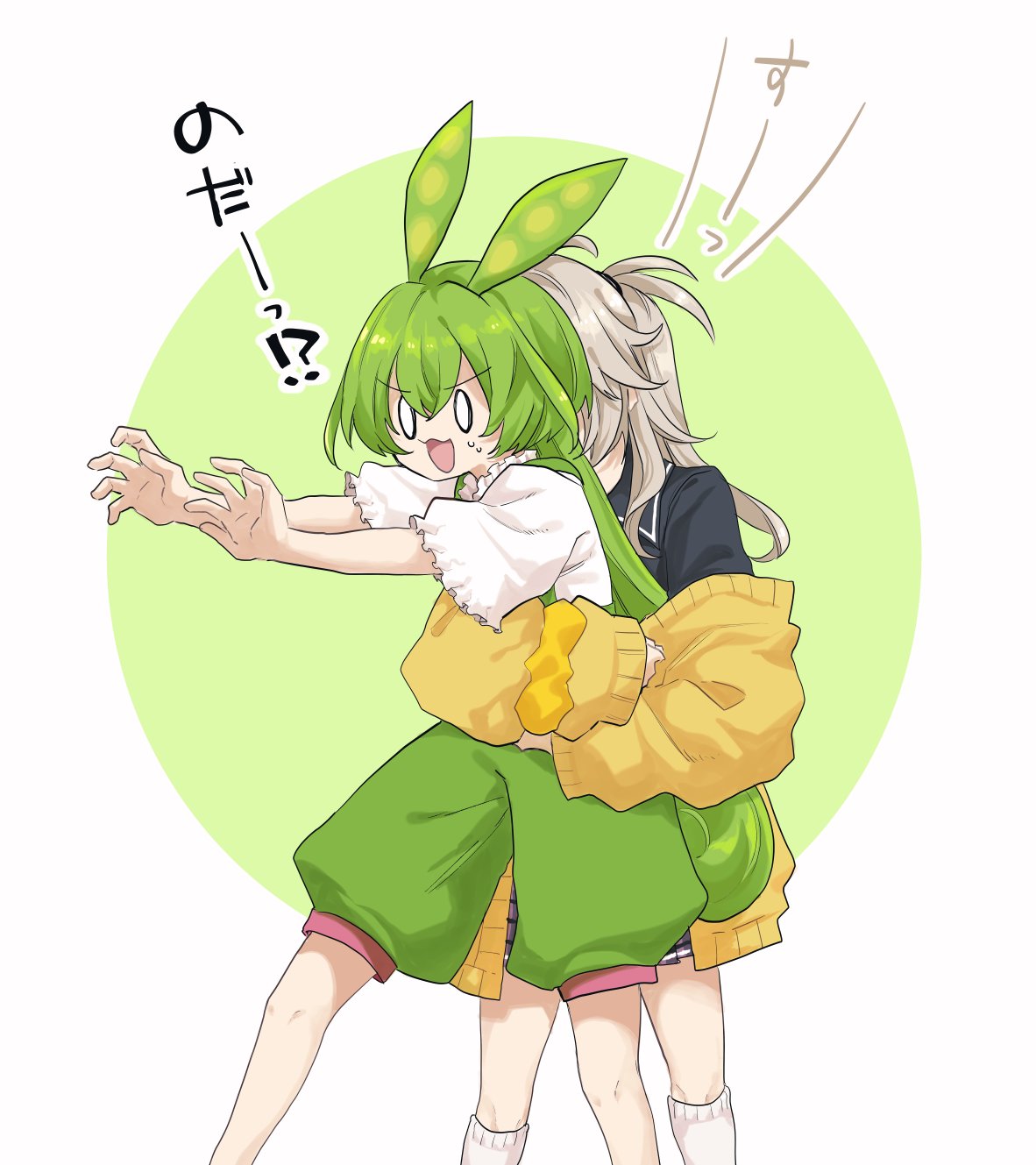 0_0, 2girls, :3, behind_another, black_shirt, border, cardigan, circle