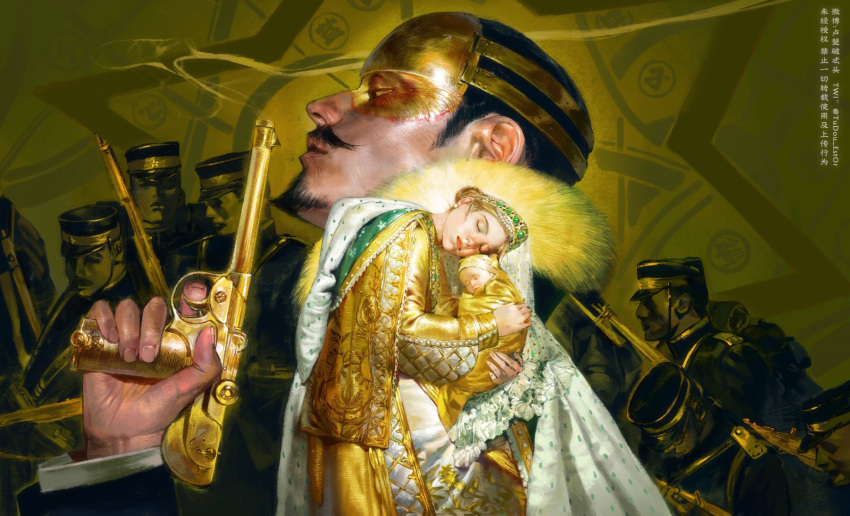 1boy, 2girls, baby, baby_carry, black_hair, blonde_hair, blowing_smoke, borchardt_c-93