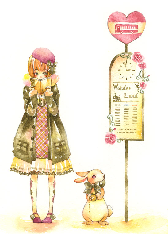 book, bus_stop, coat, flower, hat, iinuma_chika, red_rose, rose