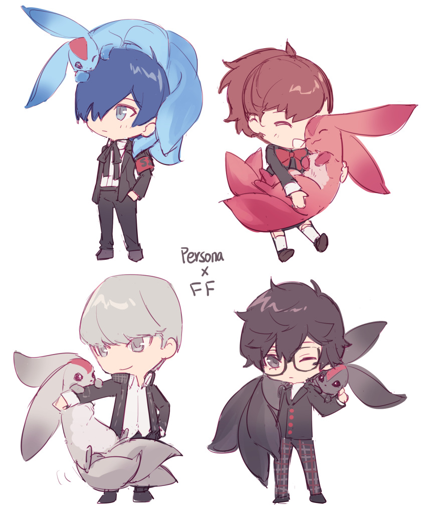 1girl, 3boys, ^_^, absurdres, affectionate, amamiya_ren, animal_hug, animal_on_arm, animal_on_head, animal_on_shoulder, black_footwear, black_hair, black_jacket, black_pants, blue_hair, blush, bow, bowtie, carbuncle_(final_fantasy), chibi, climbing, closed_eyes, collared_shirt, color_coordination, crossover, final_fantasy, grey_eyes, grey_hair, hair_over_one_eye, hand_up, happy, highres, in-franchise_crossover, jacket, long_sleeves, looking_at_animal, looking_at_viewer, multiple_boys, narukami_yuu, on_head, one_eye_closed, one_eye_covered, open_mouth, pants, persona, persona_3, persona_4, persona_5, plaid, plaid_pants, ponytail, red_bow, red_bowtie, redhead, school_uniform, shiomi_kotone, shirt, shoes, short_hair, simple_background, smile, socks, tsubsa_syaoin, white_background, white_shirt, white_socks, yuuki_makoto_(persona_3)