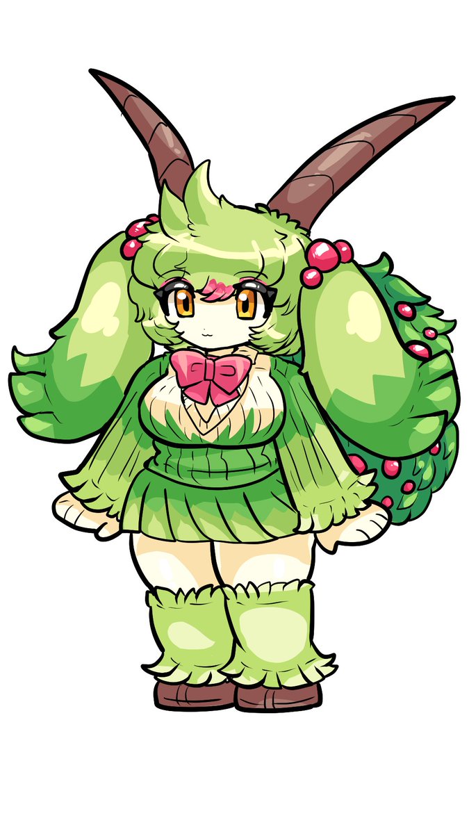 :3, arms_at_sides, berry, bow, bowtie, breasts, brown_footwear, brown_horns
