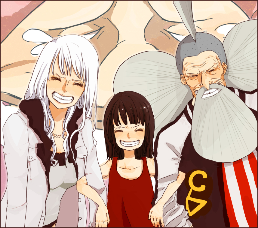 2boys, 2girls, ^_^, beard, black_hair, blunt_bangs, child, chokuboron_ryou, closed_eyes, clover_(one_piece), coat, commentary_request, crop_top, dress, facial_hair, grey_hair, happy_tears, hug, jacket, jaguar_d_saul, jewelry, laughing, long_beard, long_hair, medium_hair, multiple_boys, multiple_girls, necklace, nico_olvia, nico_robin, one_piece, red_dress, shirt, sleeveless, sleeveless_dress, smile, striped_clothes, striped_shirt, tears, upper_body, vertical-striped_clothes, vertical-striped_shirt, white_hair