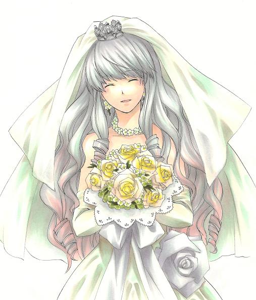 bride, crossdressinging, dress, elbow_gloves, flower, genderswap, gloves, grey_hair