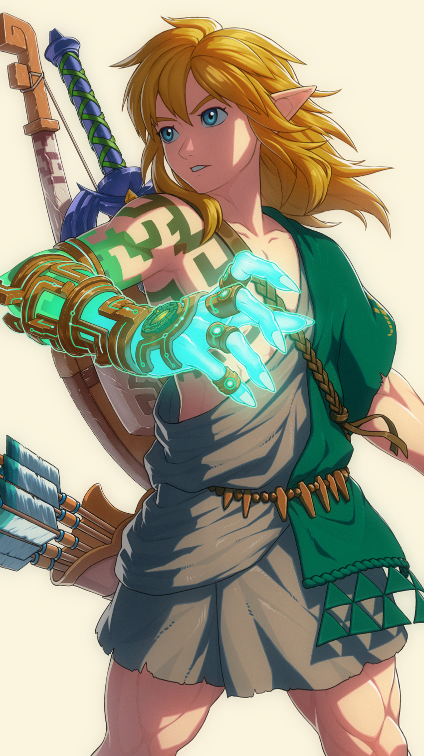 1boy, archaic_set_(zelda), arrow_(projectile), bite_addict, blonde_hair, blue_eyes, bow_(weapon), commentary