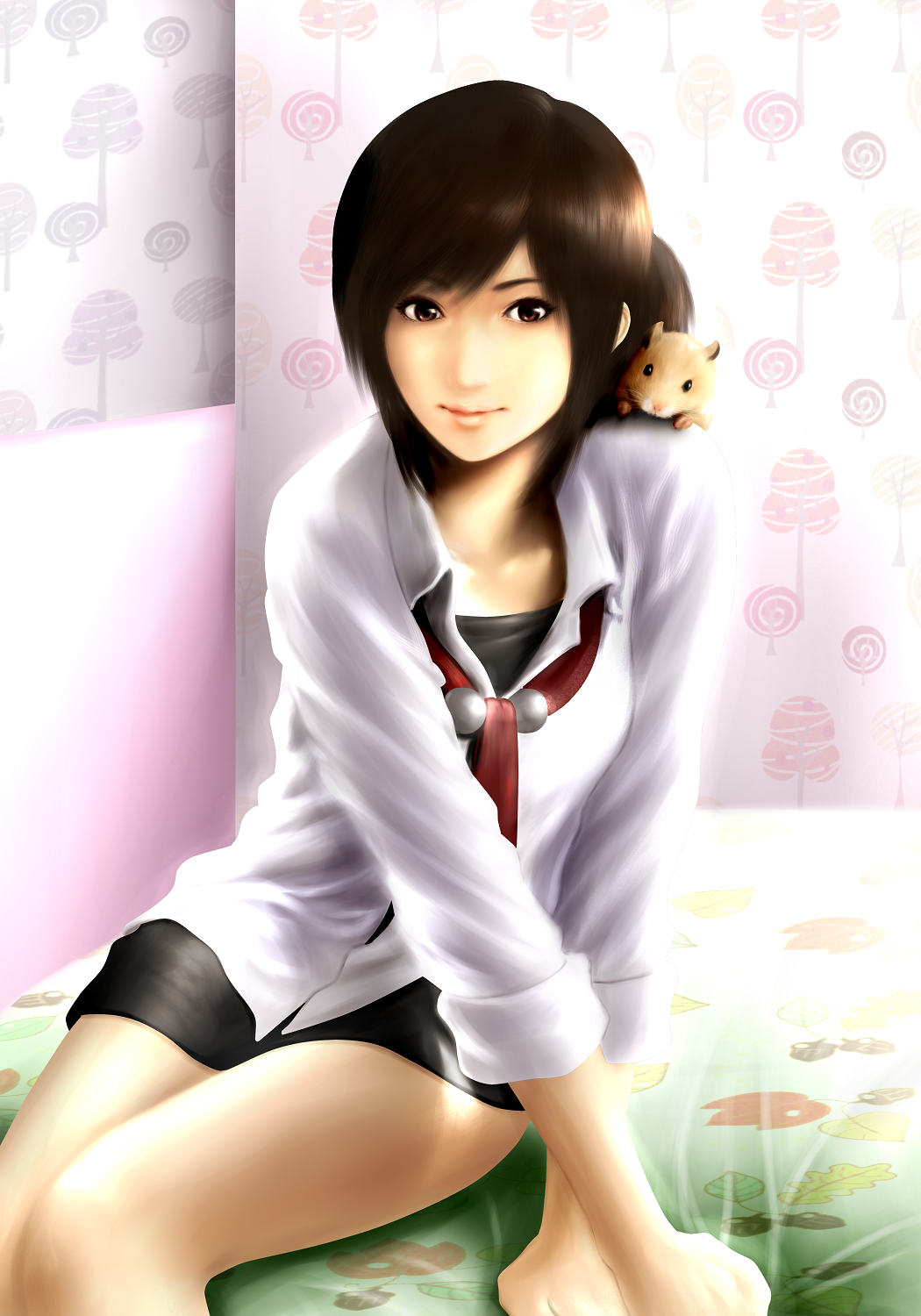 bed, blush, brown_eyes, brown_hair, cutetearick, fatal_frame, fatal_frame_3, hamster