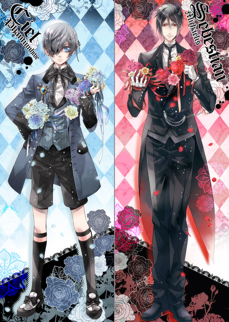 black_hair, black_rose, blue_eyes, blue_rose, ciel1533, ciel_phantomhive, flower, grey_hair, hair_over_one_eye, kuroshitsuji, male, multiple_boys, pink_rose, purple_rose, red_eyes, red_rose, rose, sebastian_michaelis, sebastian_michaelismale, white_rose