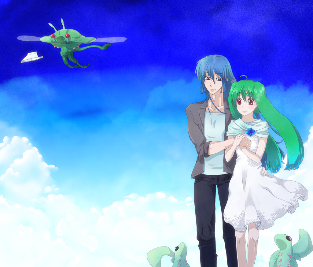 ahoge, ai-kun, air0w0, blue_hair, clouds, couple, dress, flower