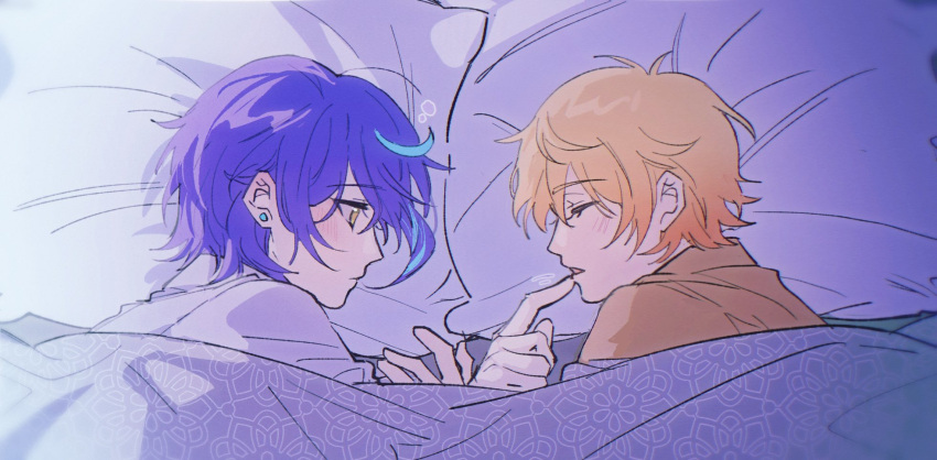 2boys, bed, blonde_hair, blue_hair, blush, brown_shirt, closed_eyes, closed_mouth