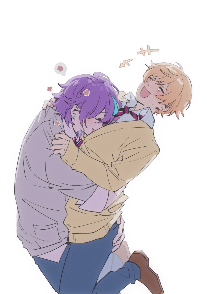 +++, 2boys, :d, ^_^, black_necktie, blonde_hair, blue_hair, blue_pants, blush, brown_footwear, cardigan, closed_eyes, collared_shirt, commentary_request, diagonal-striped_clothes, diagonal-striped_necktie, earrings, flower_(symbol), grey_cardigan, hair_between_eyes, happy_tears, highres, hug, jewelry, kamishiro_rui, kiyoshi_(jv859017376), laughing, long_sleeves, male_focus, multicolored_hair, multiple_boys, necktie, open_mouth, pants, pocket, project_sekai, purple_hair, red_necktie, school_uniform, shirt, shoes, short_hair, sidelocks, simple_background, sleeves_past_wrists, smile, streaked_hair, striped_clothes, striped_necktie, stud_earrings, tears, tenma_tsukasa, white_background, white_shirt, wing_collar, yaoi, yellow_cardigan