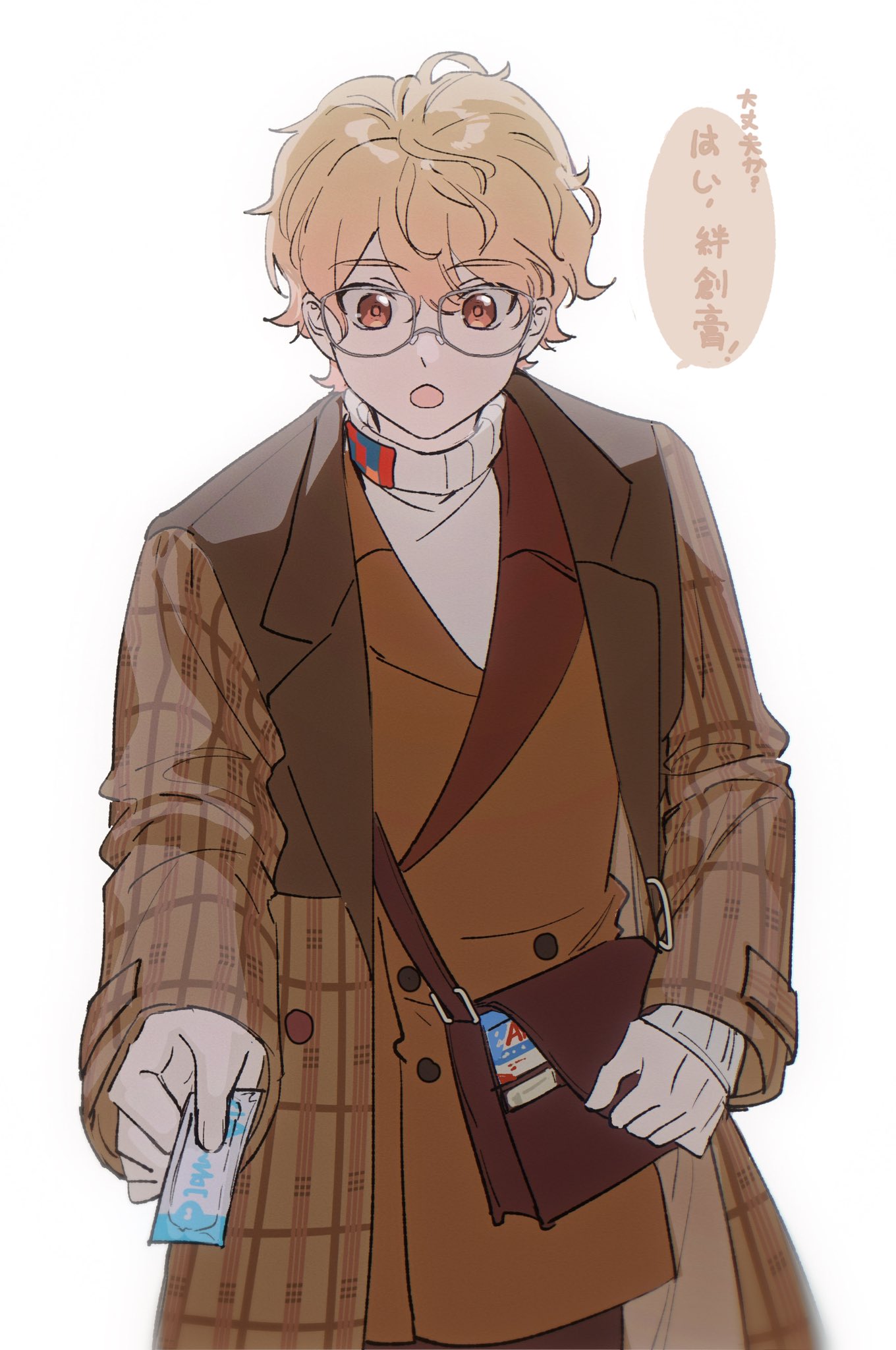 1boy, :o, bag, blonde_hair, brown_bag, brown_coat, brown_jacket, buttons