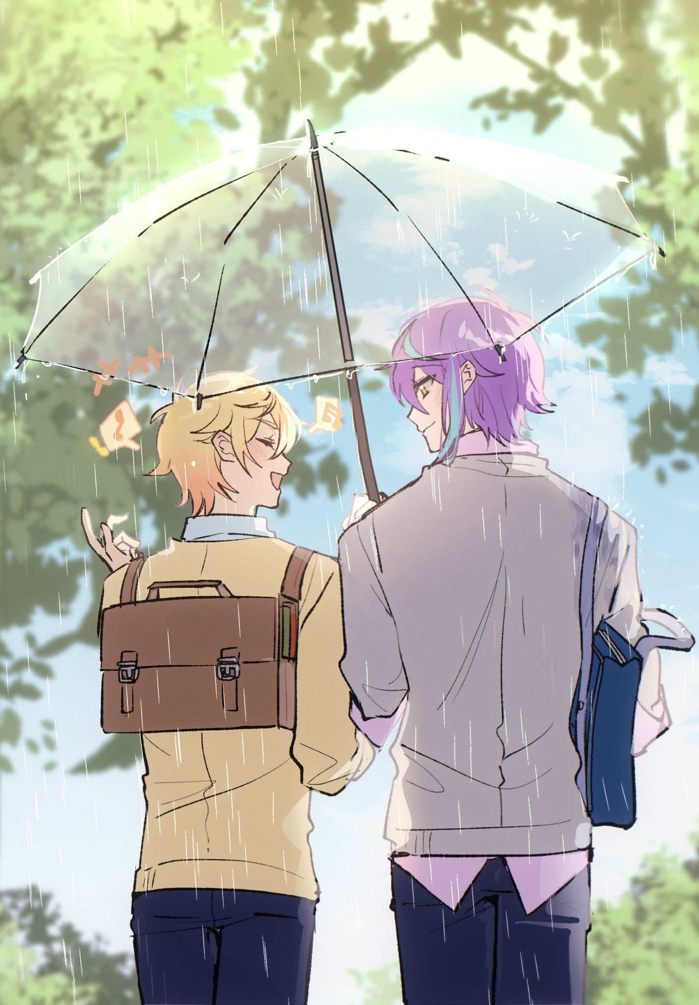 2boys, :d, bag, blonde_hair, blue_bag, blue_hair, blue_pants, blush