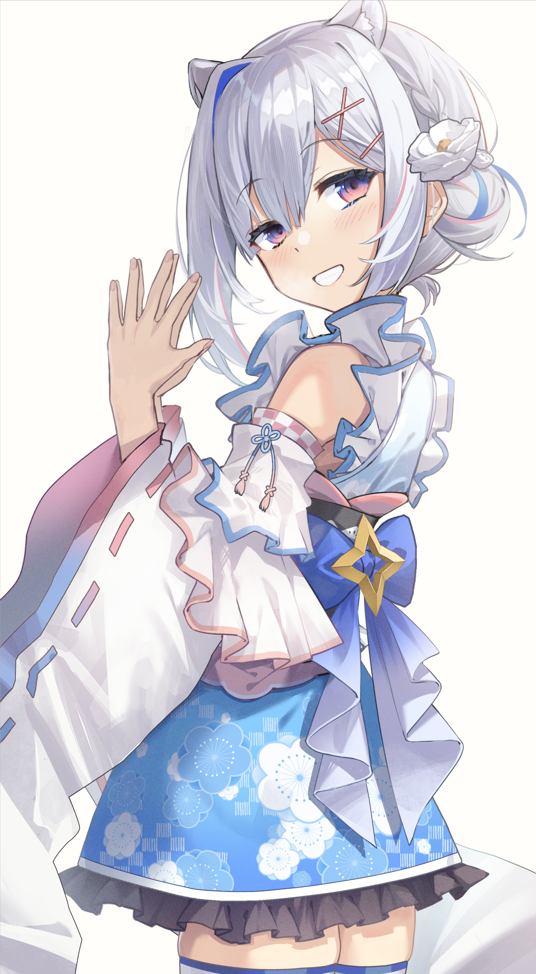 1girl, amane_kanata, amane_kanata_(new_year), animal_ears, blue_hair, blush, bow, detached_sleeves, flower, grin, hair_flower, hair_ornament, hairclip, halo, highres, hololive, hopepe, lolita_fashion, looking_at_viewer, medium_hair, multicolored_eyes, multicolored_hair, own_hands_together, pink_eyes, pink_hair, single_hair_intake, skirt, smile, solo, star_halo, streaked_hair, thigh-highs, violet_eyes, virtual_youtuber, wa_lolita, white_hair, wide_sleeves