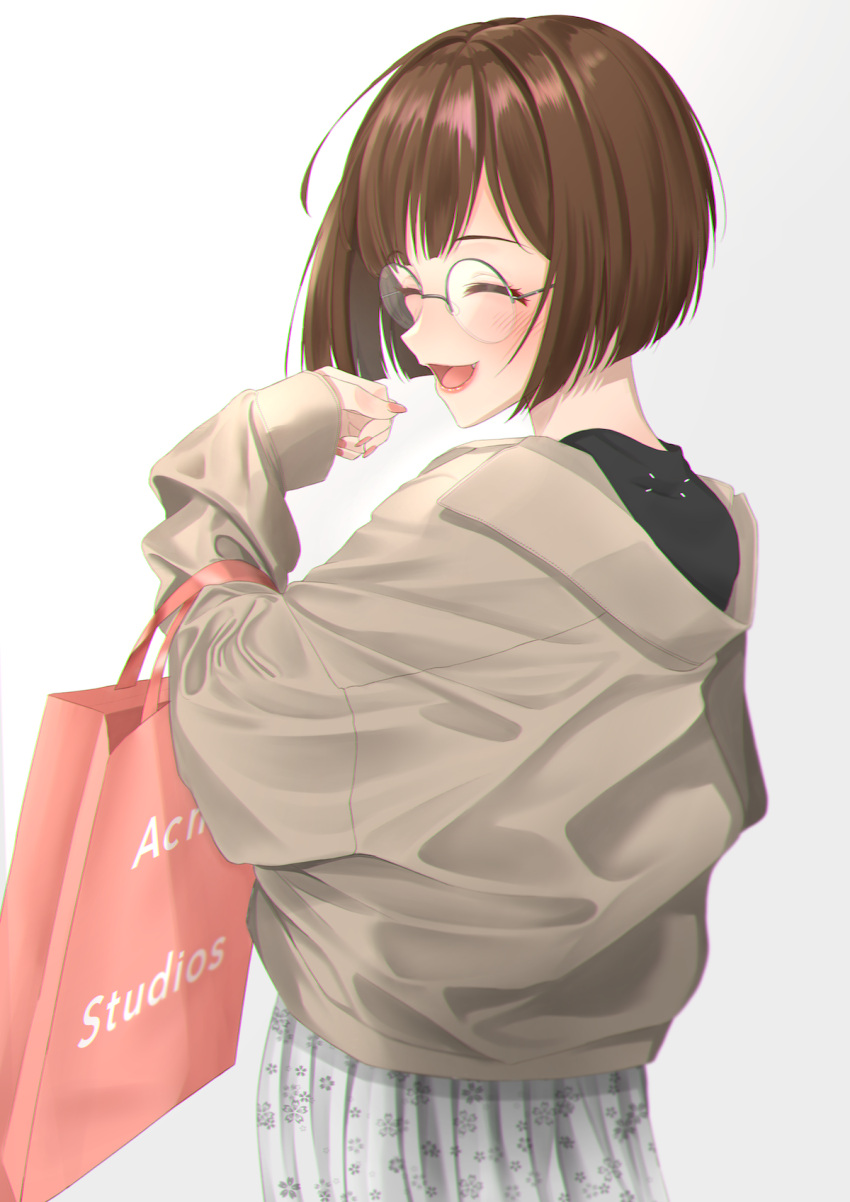 1girl, ^_^, bag, blunt_ends, blush, brown_hair, brown_jacket, closed_eyes