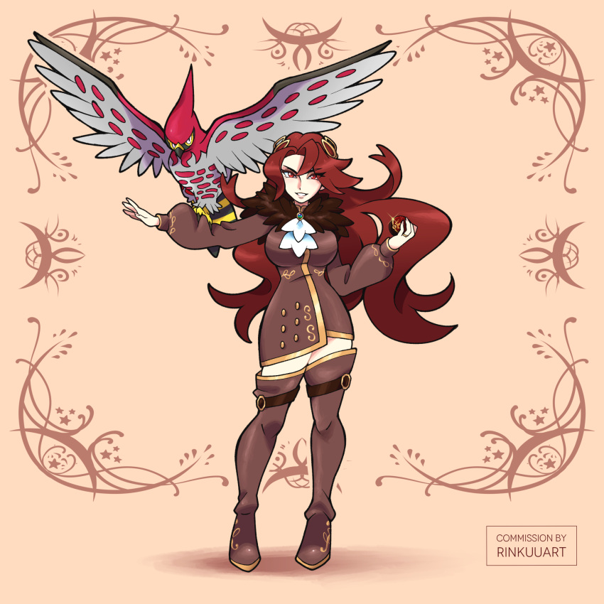 1girl, artist_name, beak, bird, boots, breasts, brown_background, brown_dress