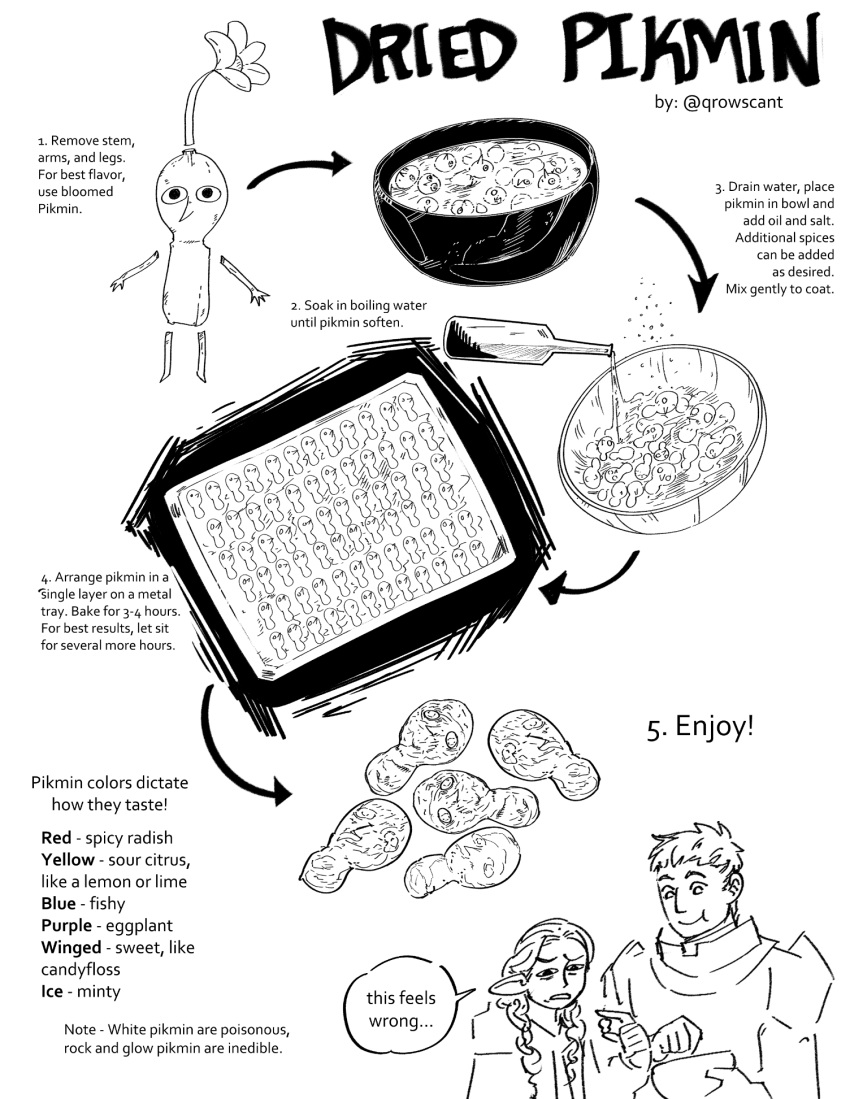 1boy, 1girl, :t, armor, baking_sheet, bottle, bowl, cooking, dismemberment, dungeon_meshi, elf, english_text, greyscale, highres, laios_thorden, lineart, long_hair, marcille_donato, monochrome, pikmin_(creature), pikmin_(series), pointy_ears, qrowscant, recipe, salt, severed_arm, severed_leg, severed_limb, short_hair