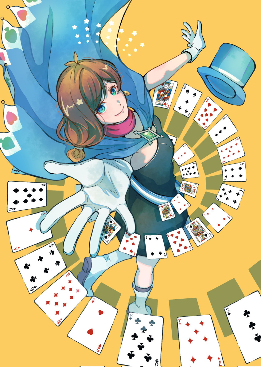 1girl, ace_attorney, black_dress, blue_cape, blue_eyes, brown_hair, cape, card