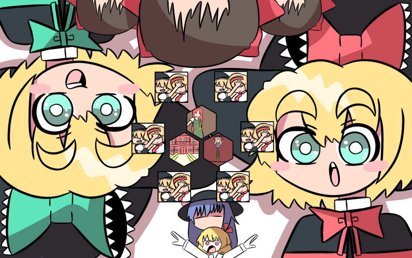 6+girls, alice_margatroid, black_capelet, blonde_hair, blue_bow, blue_bowtie, blue_eyes, blue_hair