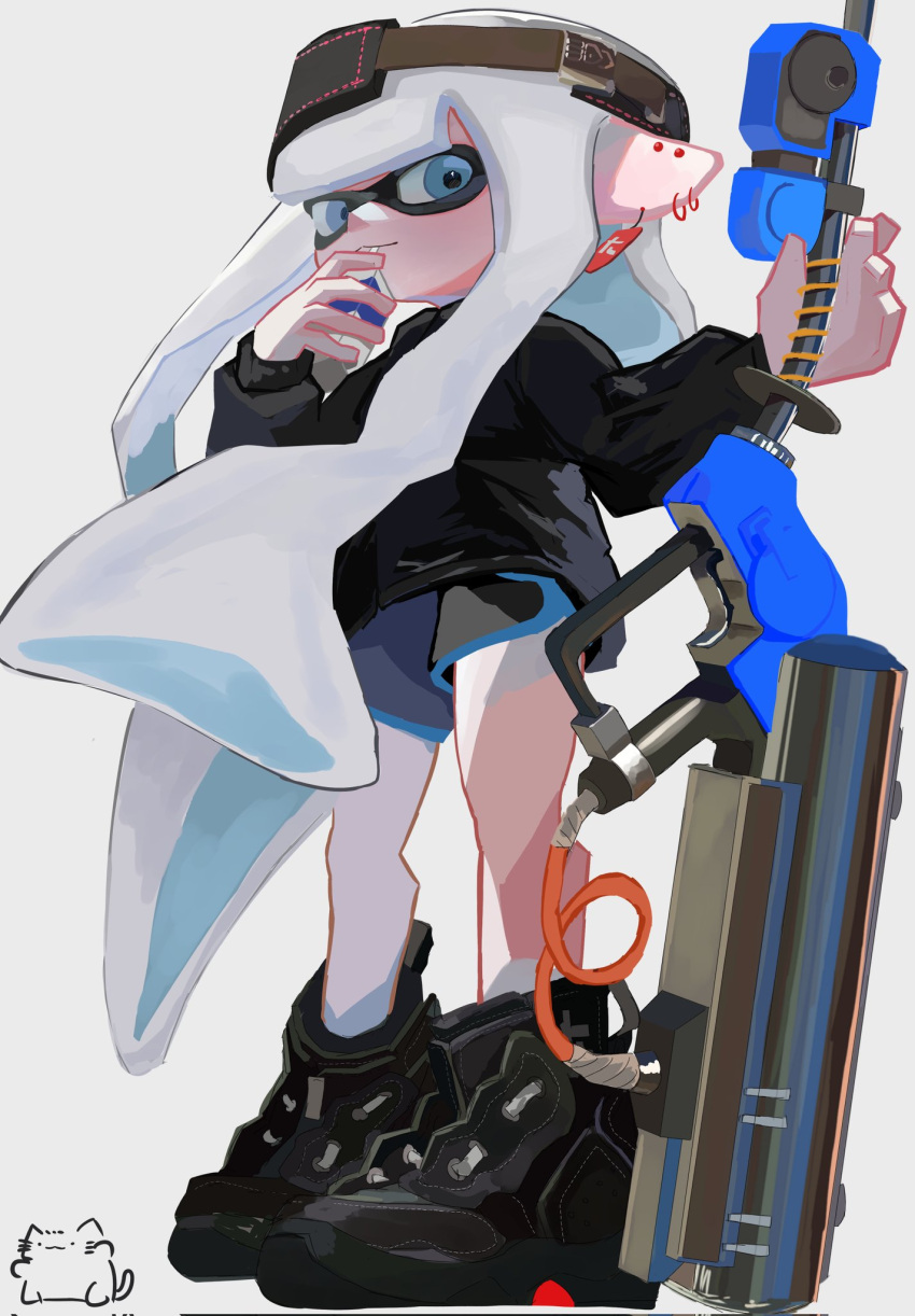 1girl, black_footwear, black_headwear, black_shorts, blue_eyes, commentary, commission, drinking