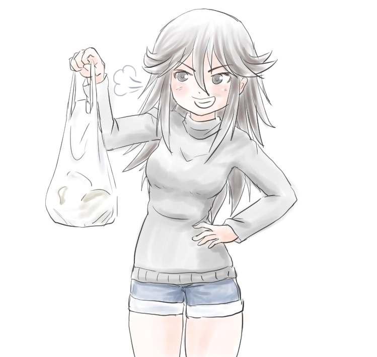 1girl, arm_up, bag, blue_shorts, blush, breasts, denim, denim_shorts