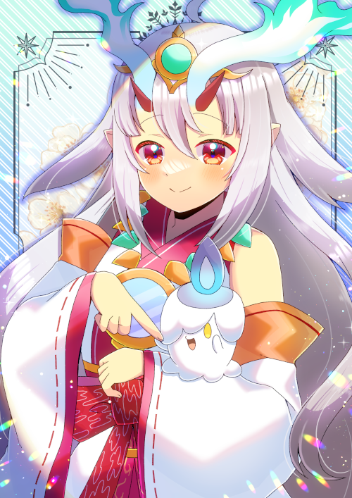 1girl, :d, bare_shoulders, closed_mouth, commentary_request, crossover, detached_sleeves, duel_monster