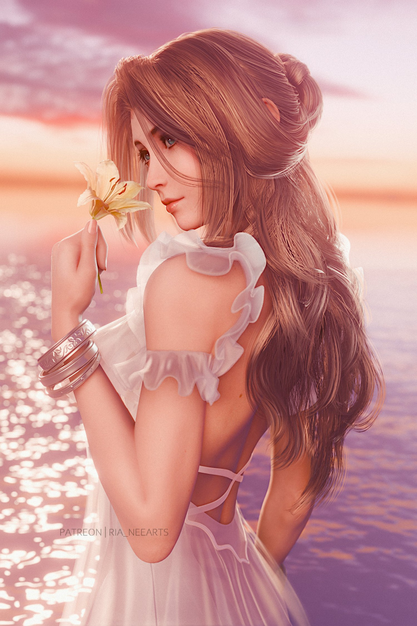 1girl, aerith_gainsborough, artist_name, backless_dress, backless_outfit, blue_eyes, blurry, bracelet