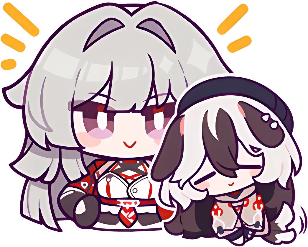 2girls, animal_ears, black_gloves, breasts, brown_hair, chibi0108, closed_eyes, closed_mouth, commentary, coralie_(honkai_impact), dog_ears, dog_girl, dog_tail, elbow_gloves, english_commentary, gloves, grey_hair, hair_between_eyes, hair_intakes, hand_on_own_hip, helia_(honkai_impact), honkai_(series), honkai_impact_3rd, medium_breasts, multicolored_hair, multiple_girls, notice_lines, pink_eyes, simple_background, smile, streaked_hair, tail, white_background