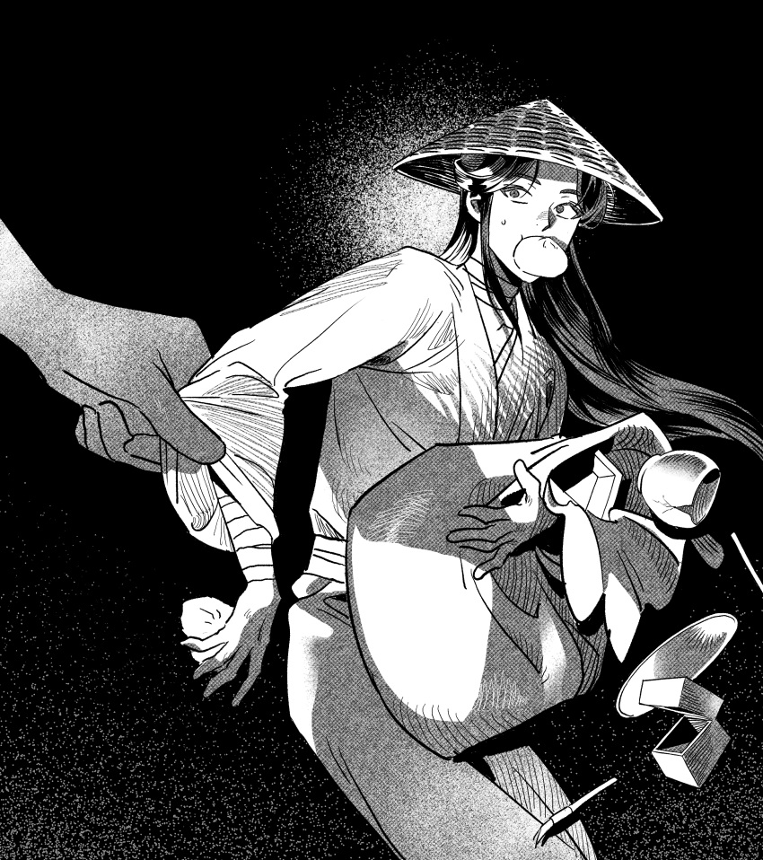 1boy, absurdres, bandaged_arm, bandaged_neck, bandages, baozi, black_background, black_hair, box, calligraphy_brush, chinese_clothes, clothes_grab, cup, disembodied_limb, eating, food, food_in_mouth, hat, highres, holding, holding_food, holding_sack, long_hair, long_sleeves, monochrome, paintbrush, plate, qn_rkr2, rice_hat, sack, sleeve_grab, sweatdrop, tianguan_cifu, wide_sleeves, xie_lian