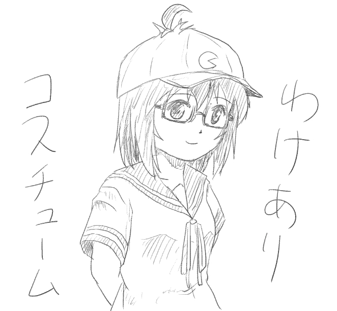 1girl, ahoge, baseball_cap, closed_mouth, glasses, greyscale, hair_between_eyes, hair_through_headwear