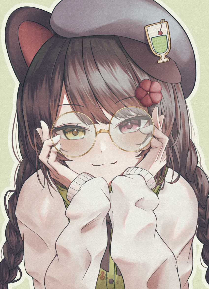 1girl, :3, absurdres, animal_ears, beret, blush, braid, brown_hair, dog_ears, dog_girl, flower, glasses, green_background, hair_flower, hair_ornament, hands_on_own_face, hat, head_rest, heterochromia, highres, inui_toko, inui_toko_(3rd_costume), kitsutsuki_tsuki, light_smile, looking_at_viewer, nijisanji, outline, red_eyes, sleeves_past_wrists, sweater, twin_braids, virtual_youtuber, white_outline, yellow_eyes