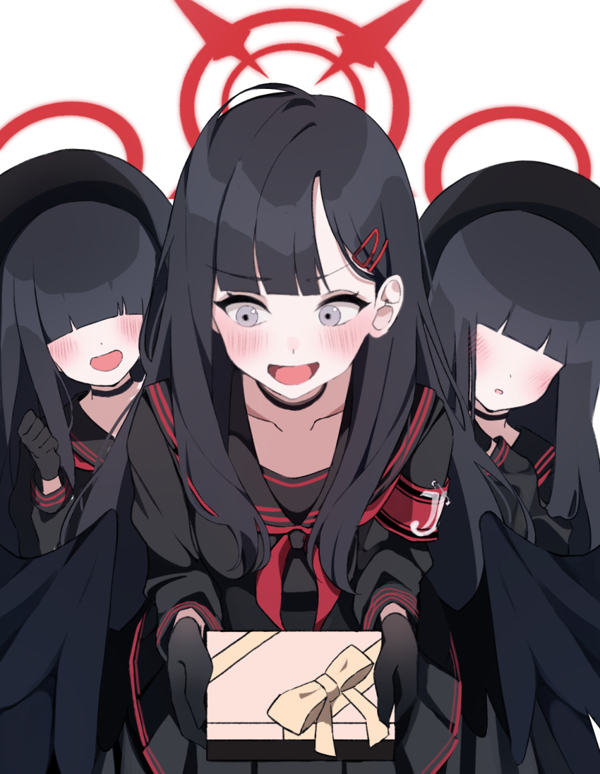 3girls, armband, averting_eyes, black_choker, black_gloves, black_hair, black_serafuku, black_wings