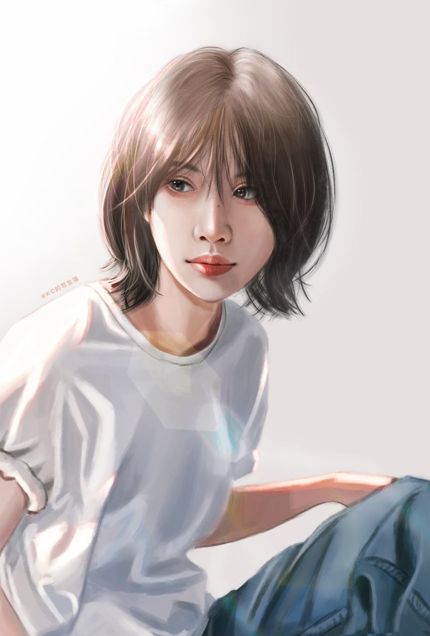 1girl, absurdres, artist_name, black_eyes, blue_pants, denim, expressionless, grey_background, hair_between_eyes, highres, jeans, k-pop, kc_de_xiesheng_bu, lens_flare, looking_to_the_side, pants, real_life, realistic, seola_(wjsn), shorts, simple_background, solo, white_shorts, wjsn