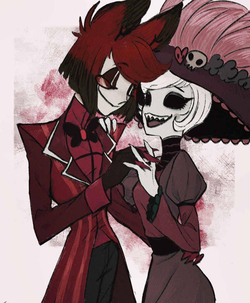 1boy, 1girl, absurdres, alastor_(hazbin_hotel), arm_around_waist, black_hair, black_sclera, closed_eyes, colored_sclera, dress, formal, grey_hair, hand_on_another's_shoulder, hashtag_only_commentary, hat, hazbin_hotel, heirongyang3, highres, interlocked_fingers, multicolored_hair, redhead, rosie_(hazbin_hotel), sharp_teeth, short_hair, smile, suit, teeth