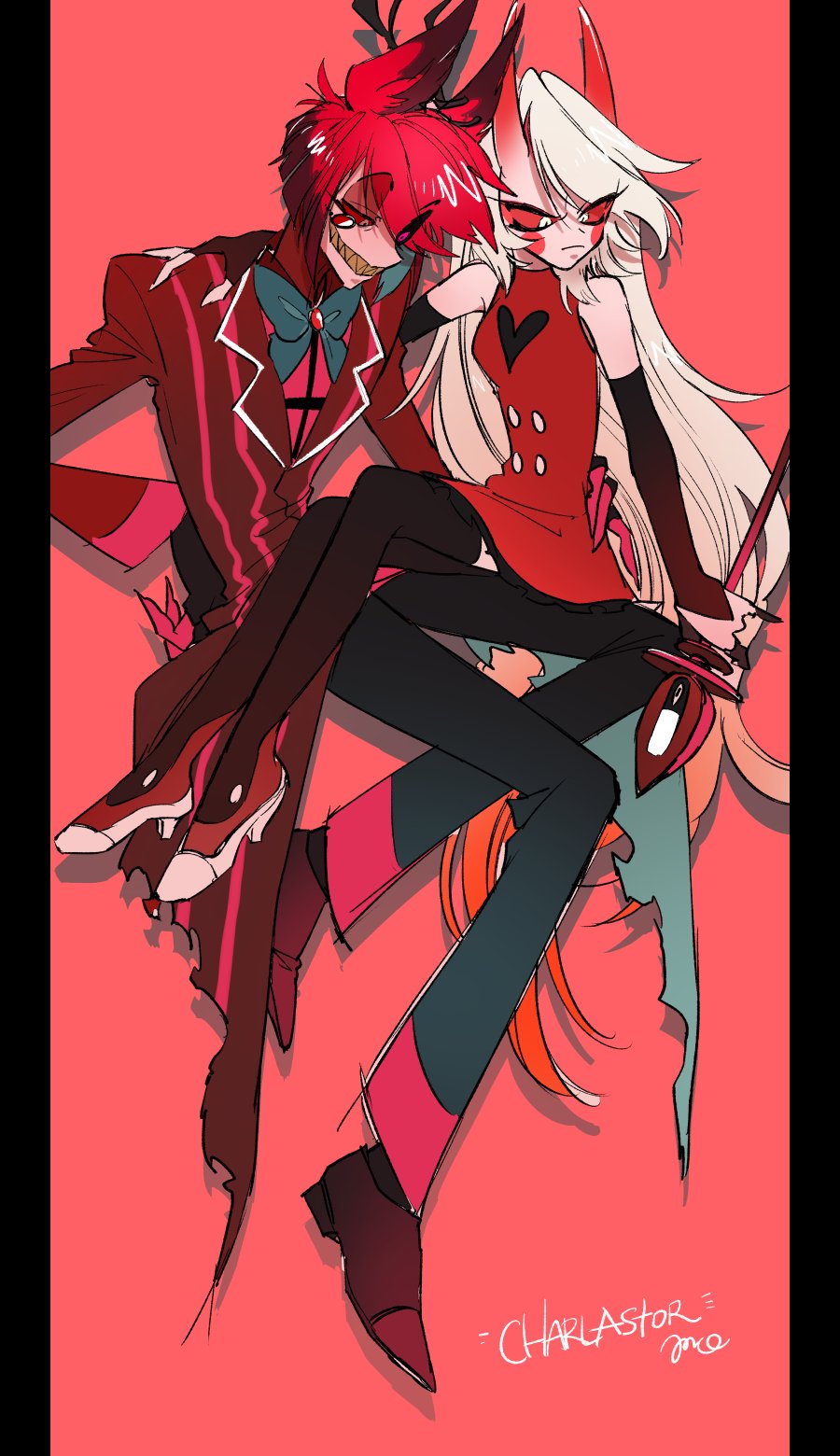 1boy, 1girl, alastor_(hazbin_hotel), arm_around_waist, black_thighhighs, blonde_hair, cane, charlie_morningstar